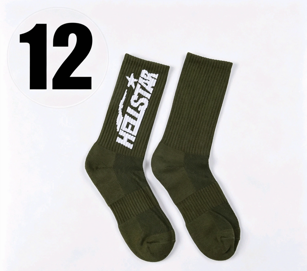 Hellstar Crew Socks, Hip Hop Streetwear Camo Spider Web Flame Star Print Socks, Unisex Mid Calf Athletic Socks For Men Women