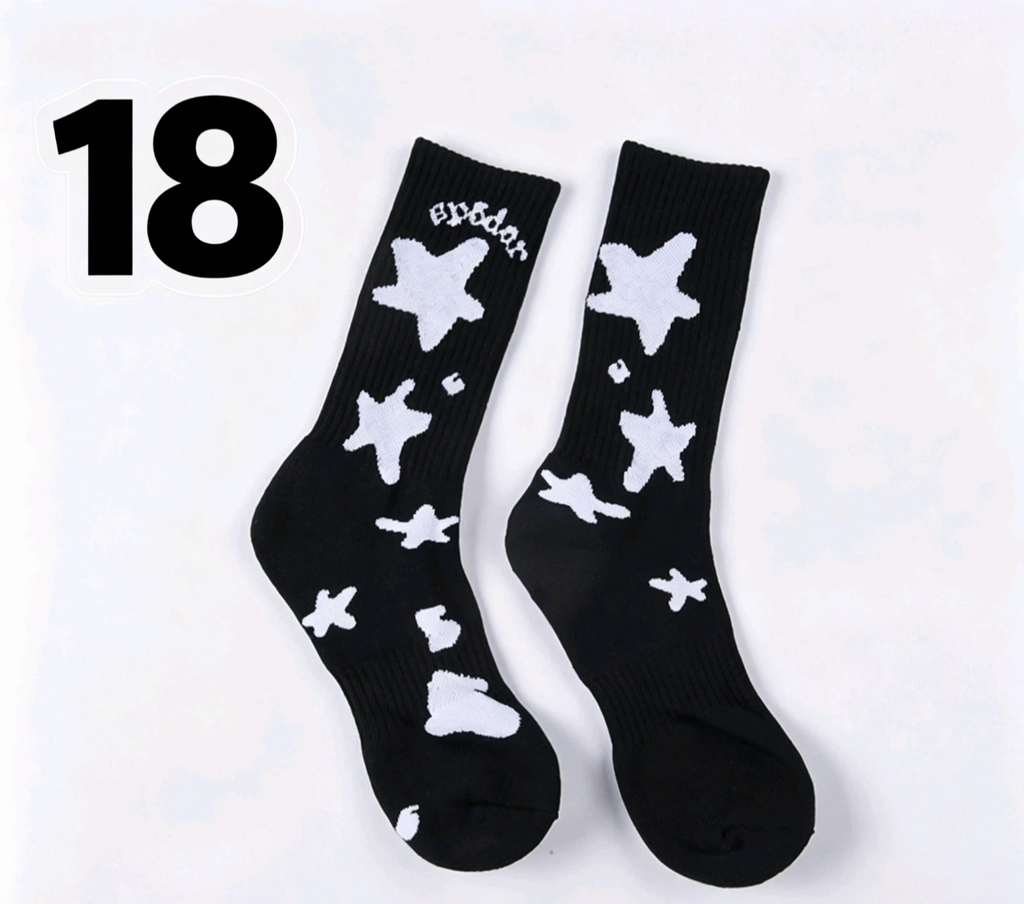Hellstar Crew Socks, Hip Hop Streetwear Camo Spider Web Flame Star Print Socks, Unisex Mid Calf Athletic Socks For Men Women