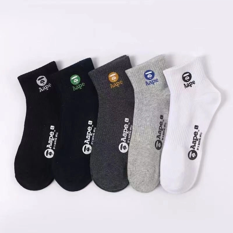 5 Pairs Multicolor Embroidered Logo Short Crew Socks Breathable Casual Socks Gift Box
