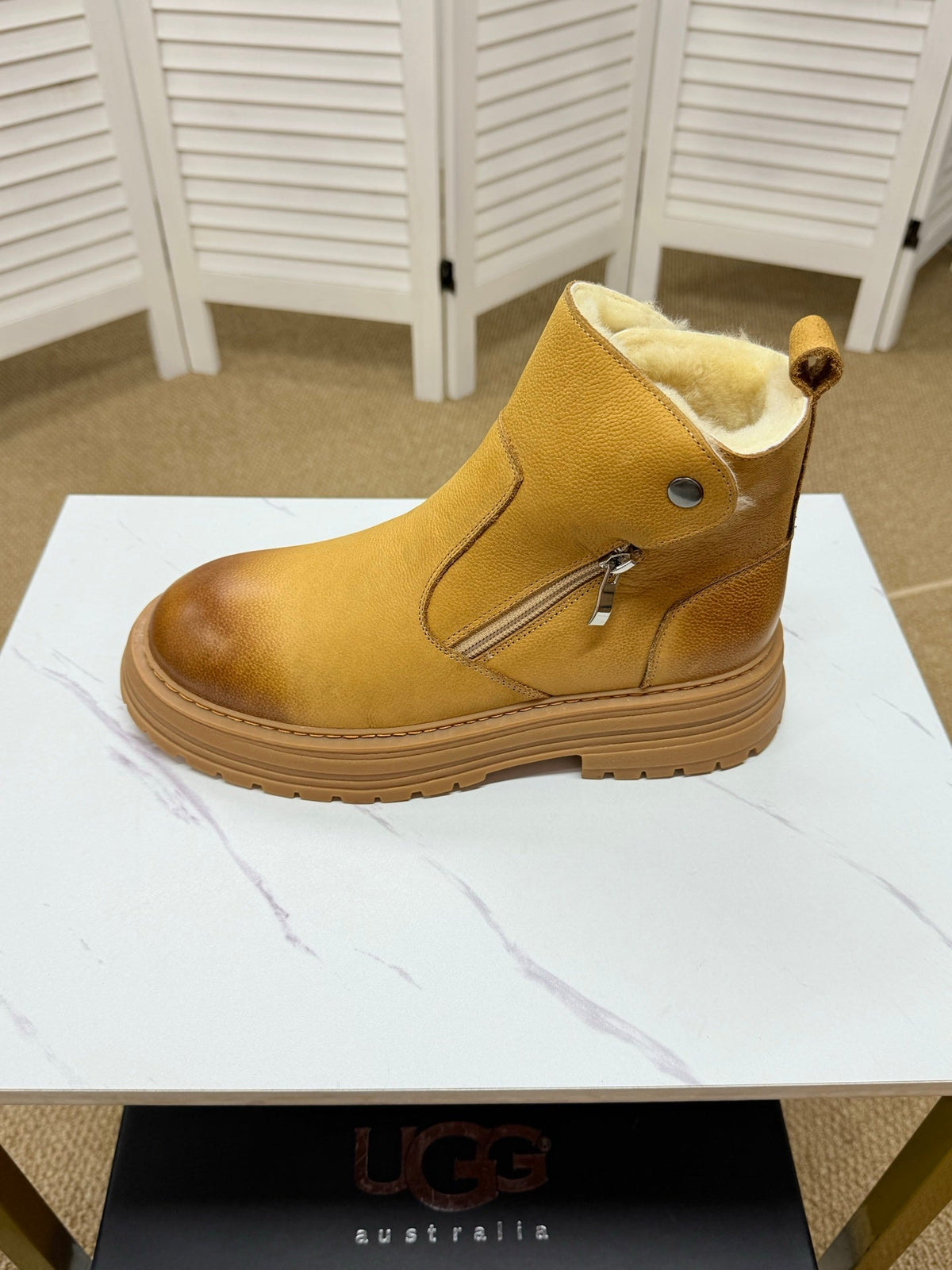UGG Chestnut Shearling-Collar Leather Boots